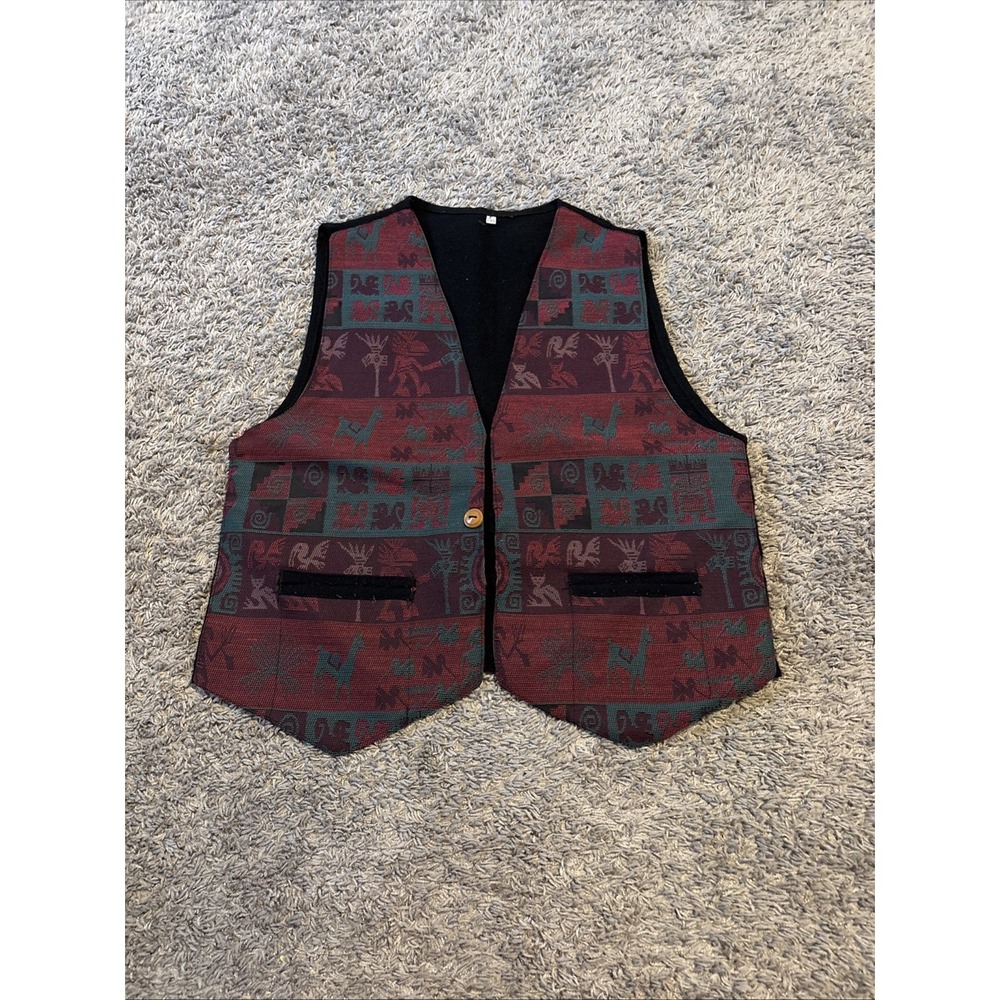 Vintage Womens Vest Alpaca Inca Open Red Boho Southwestern Tapestry Handmade M L